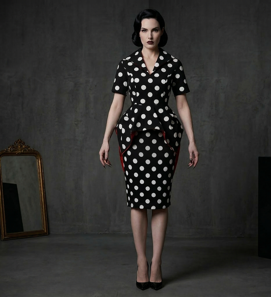 Woman wearing a black and white polka dot dress with red accents against a dark background
