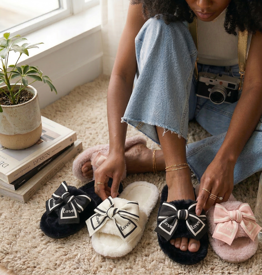 Person trying on different pairs of slippers with bows in a casual setting.