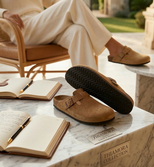 Brown suede shoes on a marble surface with 'Thamora Collection' branding, next to open books and a pen.