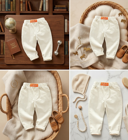 White pants with an orange label on a wooden surface, wicker basket, and marble background.