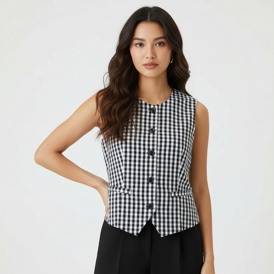 Woman wearing a black and white checkered sleeveless top on a white background