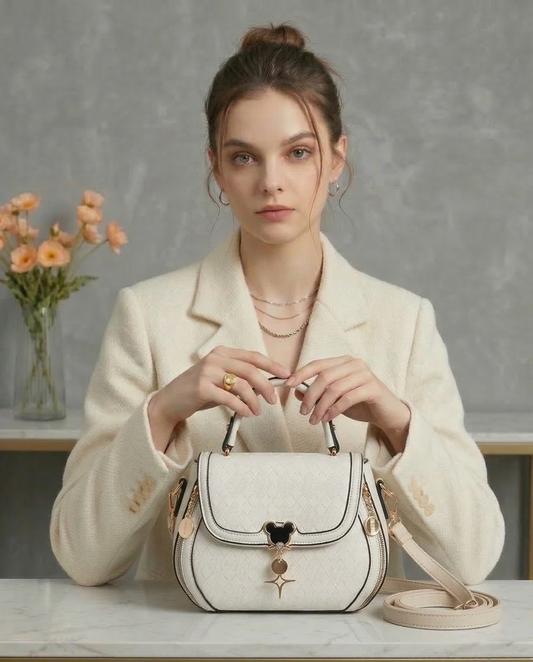 Woman holding a white handbag with a neutral background