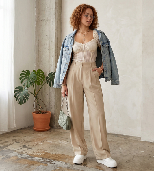 Woman in a stylish outfit with a denim jacket, beige top, and pants, standing indoors.