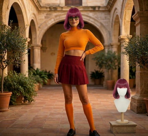 Person wearing a yellow top and red skirt standing in an outdoor setting with a wig on a mannequin head.