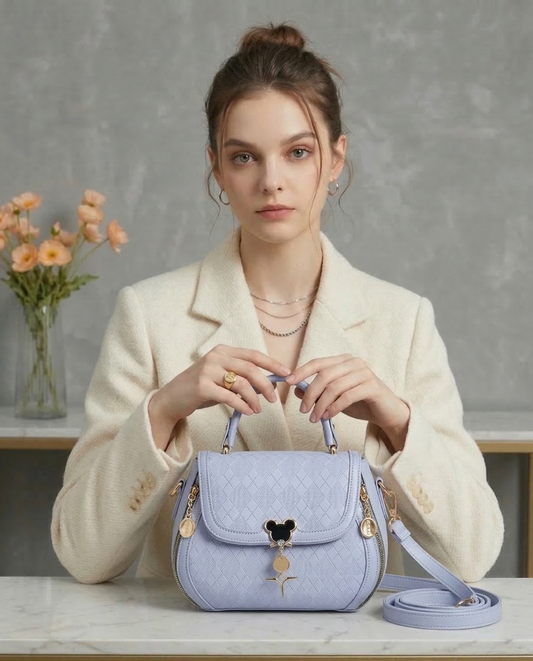 Woman holding a light blue handbag with a neutral background
