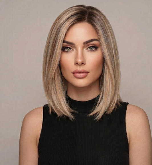 Woman with styled blonde hair against a neutral background