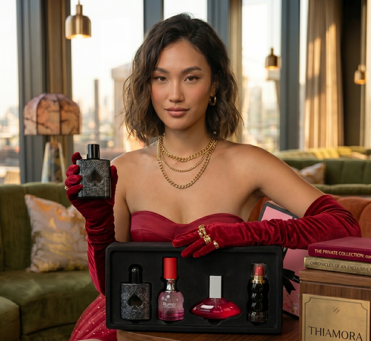 Woman holding a set of Thiamora products in a luxurious room.