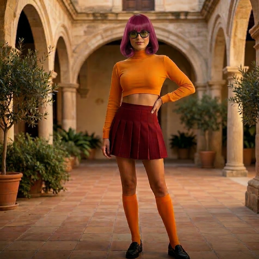 Person in a costume with vibrant outfit standing in an outdoor setting