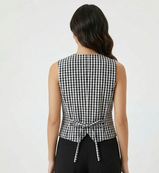 Woman wearing a black and white checkered sleeveless top with a tie waist on a white background