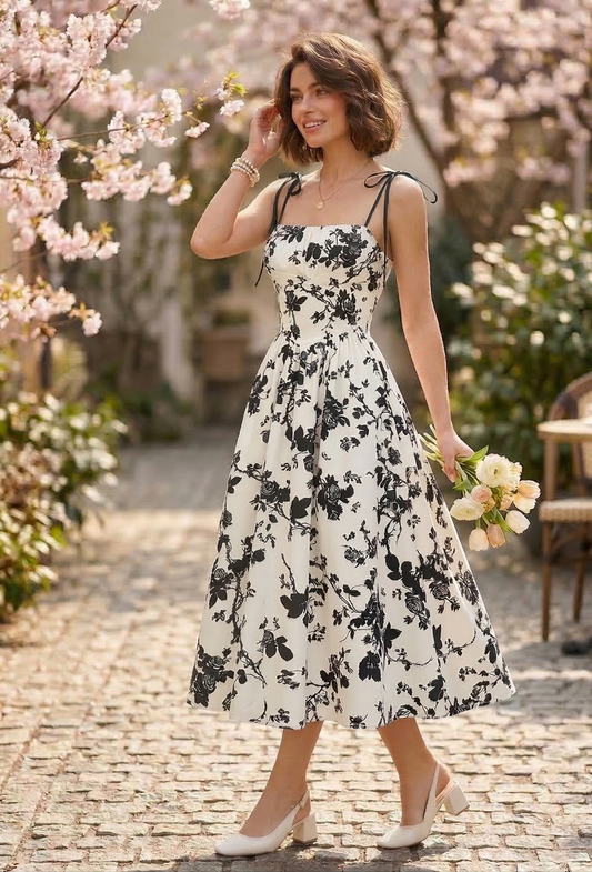 Woman in a floral dress standing in a garden with cherry blossoms