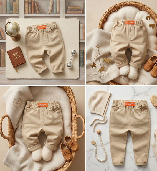 Collage of beige baby pants with accessories on a neutral background