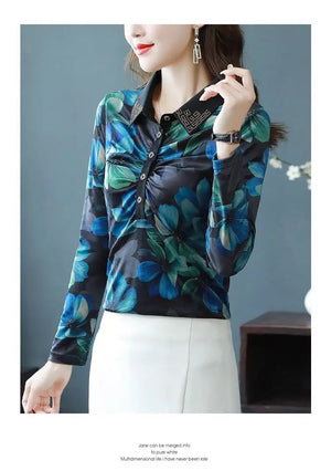 Woman wearing a patterned shirt with a blurred background