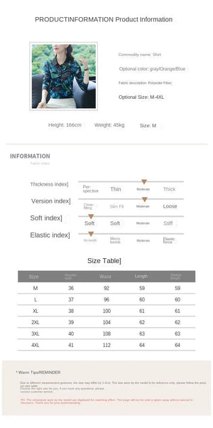 Product information sheet with a person wearing a shirt, size chart, and product details.