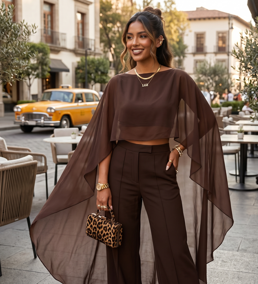 Woman in a brown outfit with a cape standing on a city street.