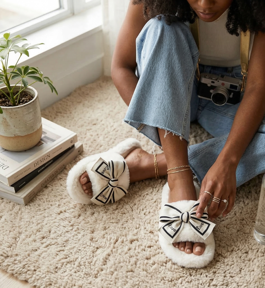 Person wearing white fluffy slippers with black bows on a carpeted floor.