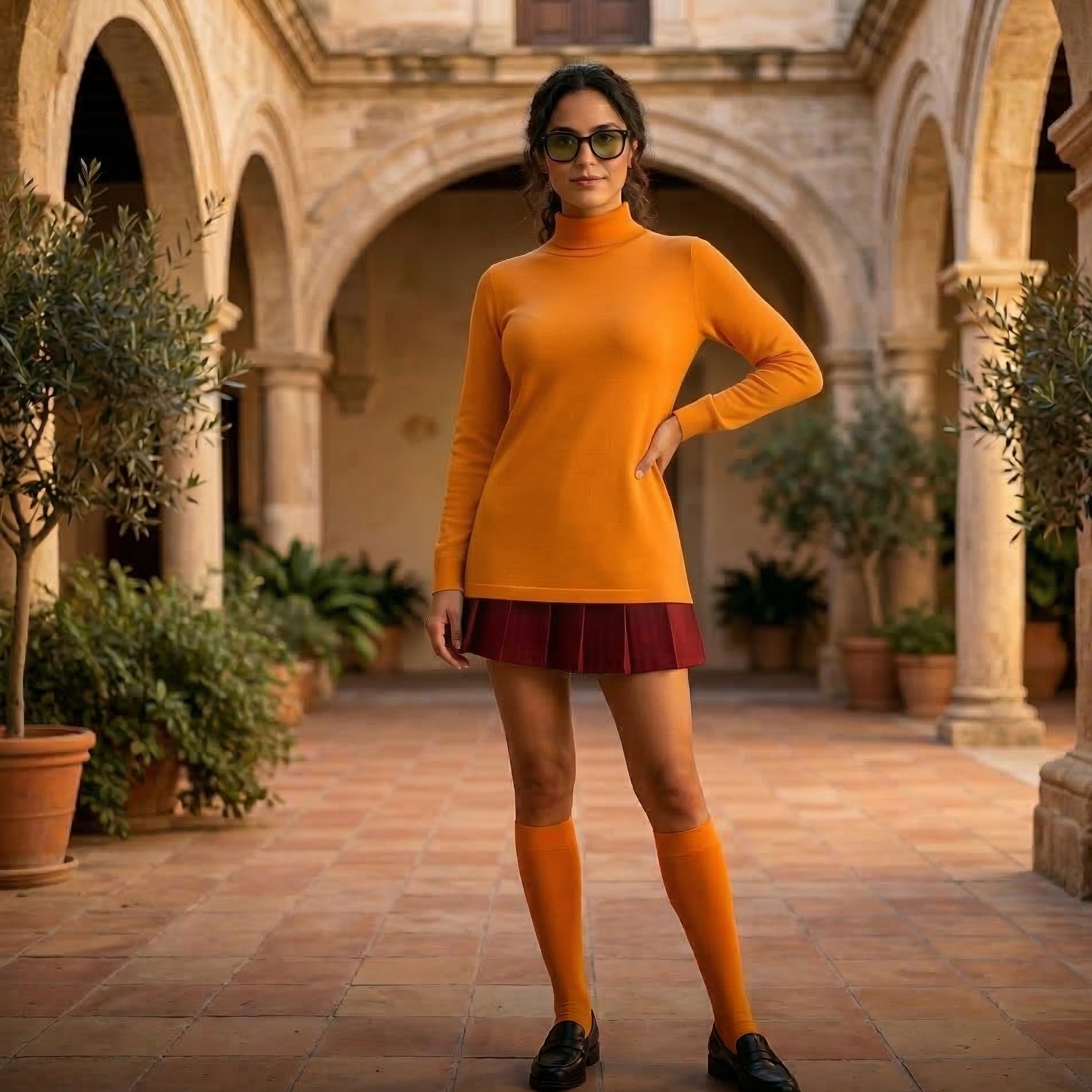 Woman in orange dress and yellow stockings standing in a courtyard with arches and plants.
