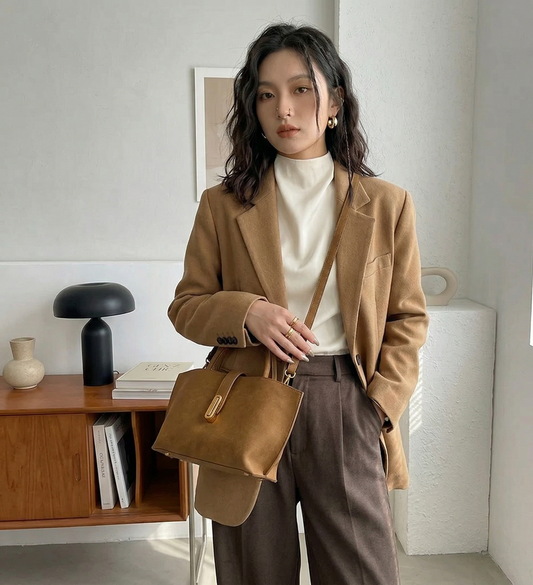 Woman in a brown blazer and beige bag standing indoors with a neutral background