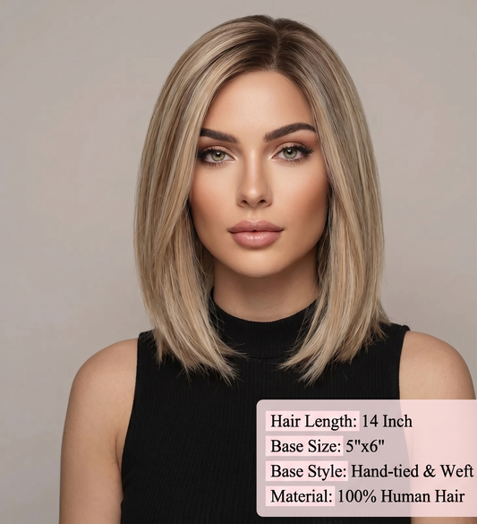 Woman with styled hair against a neutral background, with text overlay about wig specifications.
