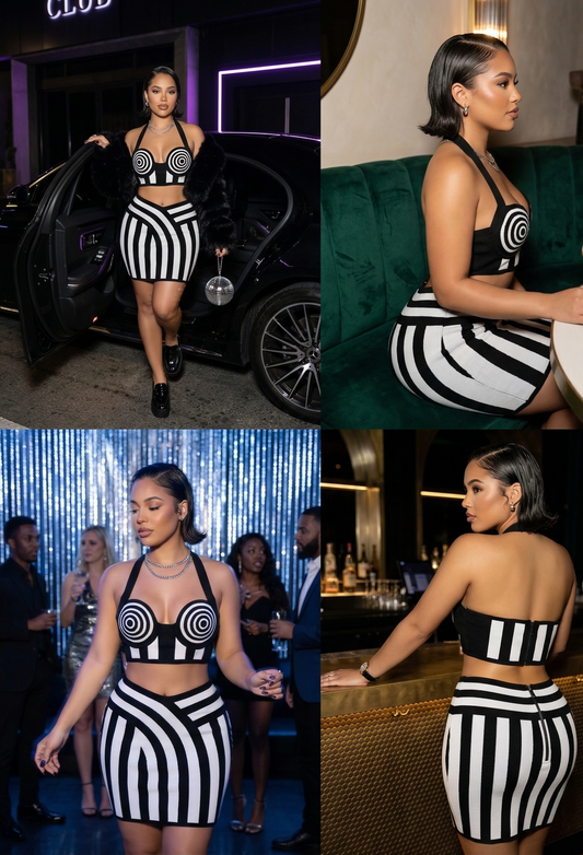 Woman in a black and white striped outfit in various settings