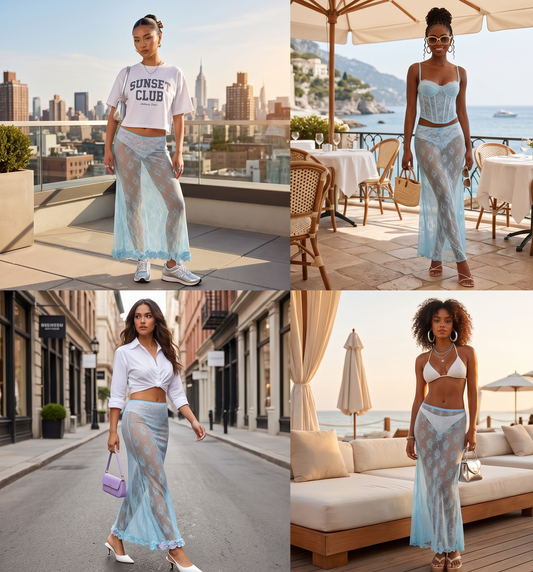 Woman wearing a light blue sheer skirt in various settings with cityscape, beach, and street backgrounds.