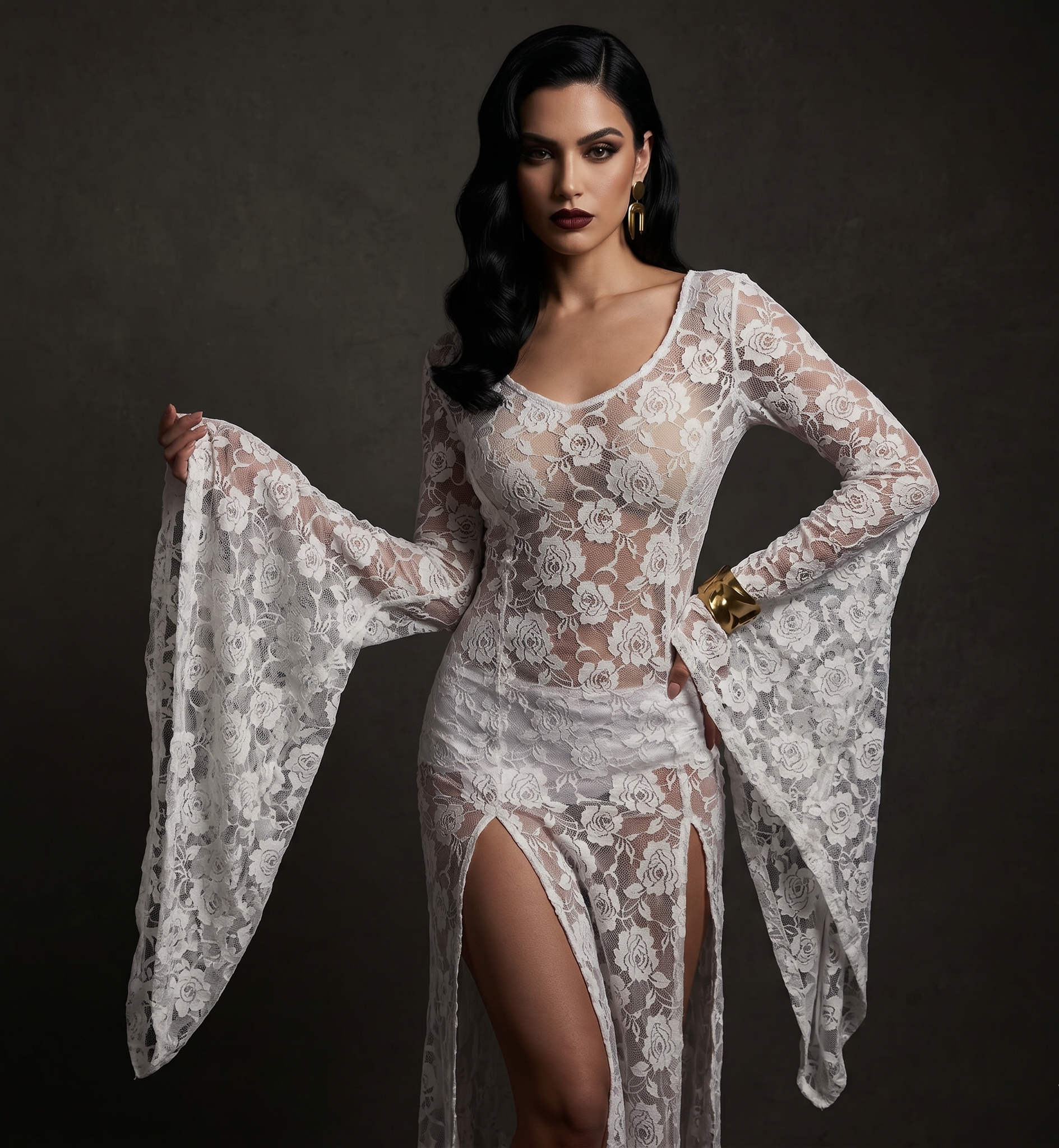 Woman wearing a white lace dress against a dark background