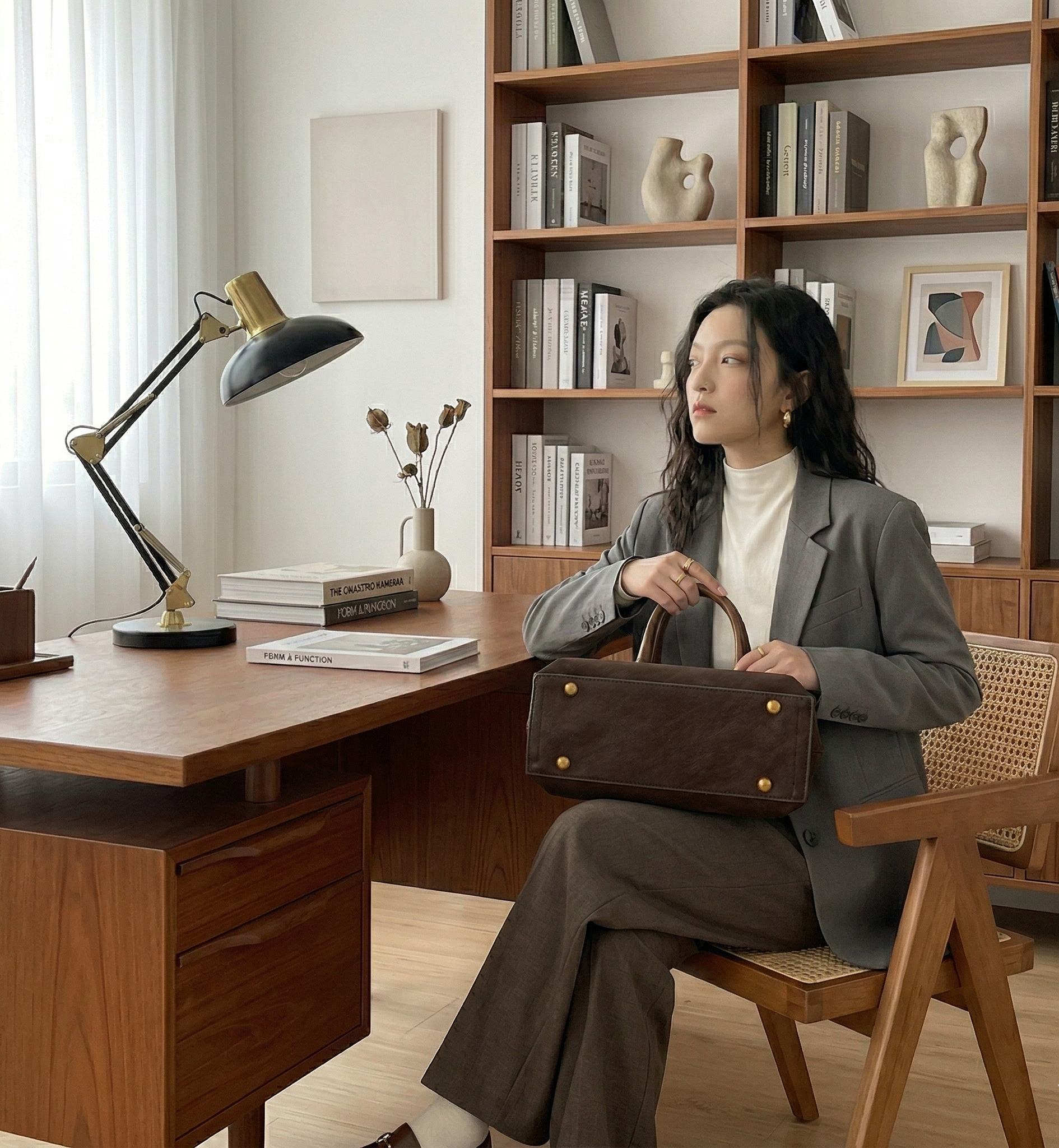 Woman sitting at a desk in a home office with a bookshelf in the background