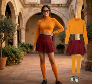Woman in orange top and maroon skirt with yellow knee-high socks standing in a courtyard.