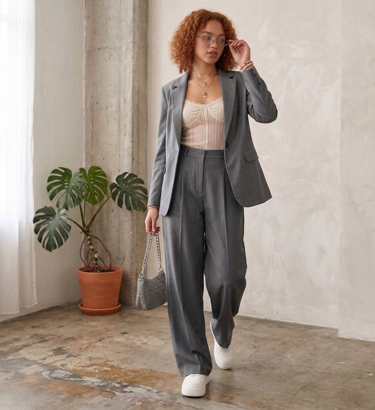 Woman in a gray suit standing in a room with a plant and a light-colored wall.