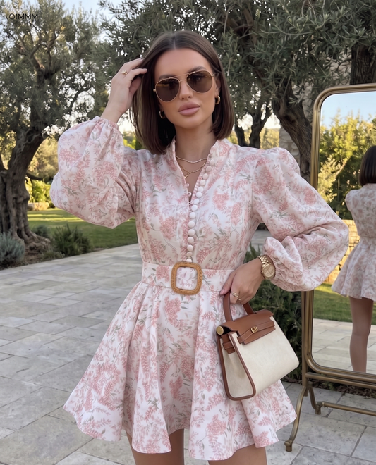 Woman in a pink floral dress standing outdoors with trees and a mirror in the background.