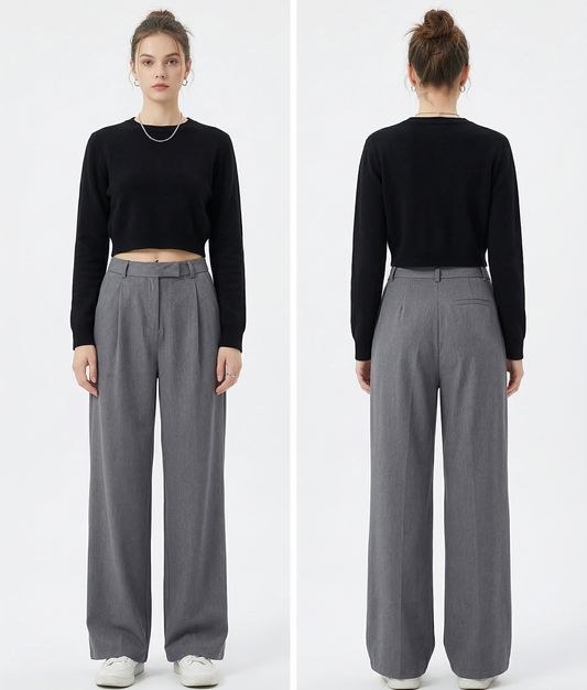 Woman wearing a black top and gray trousers from front and back views on a white background.