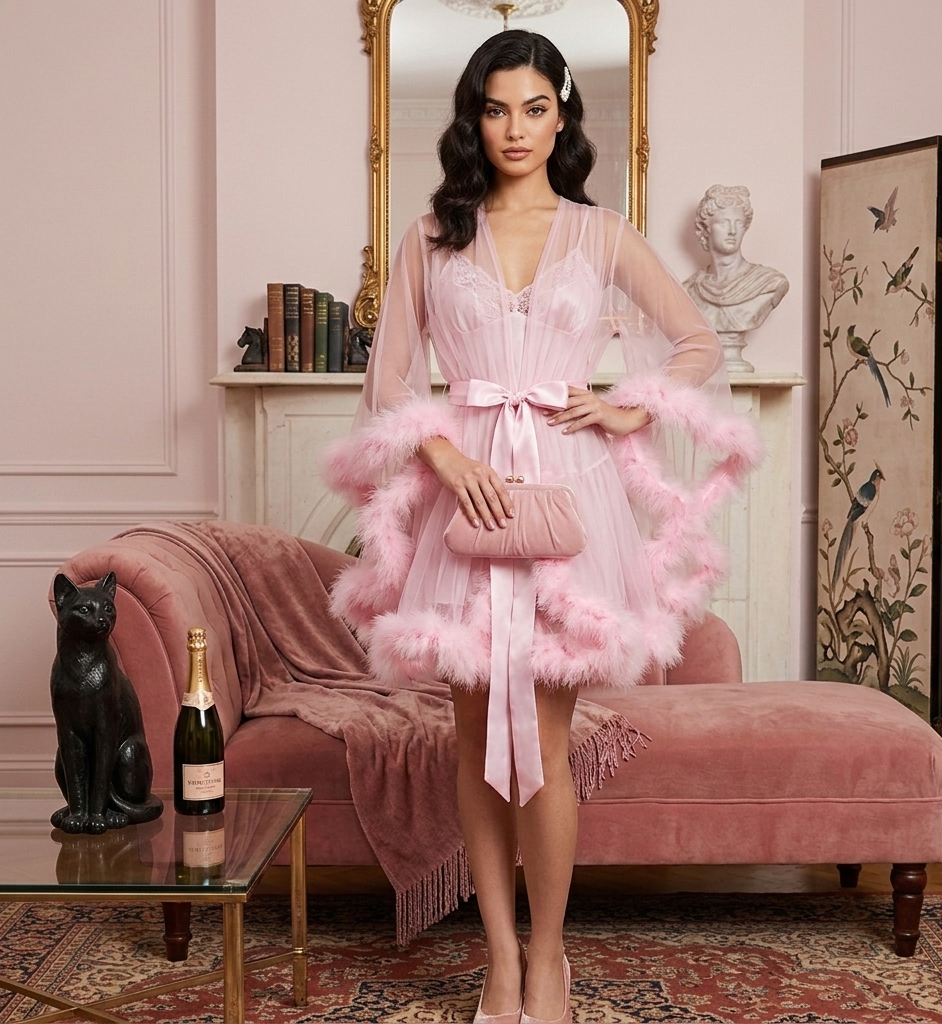Woman in a pink dress with feathered sleeves standing in an elegant room.