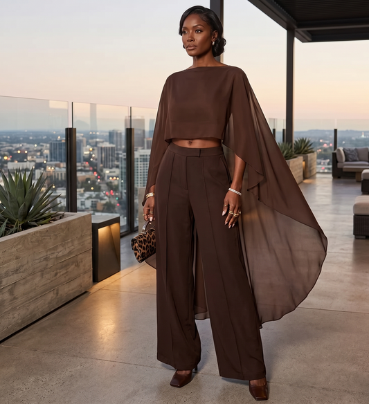 Woman in a brown outfit with a cape standing on a rooftop with cityscape view