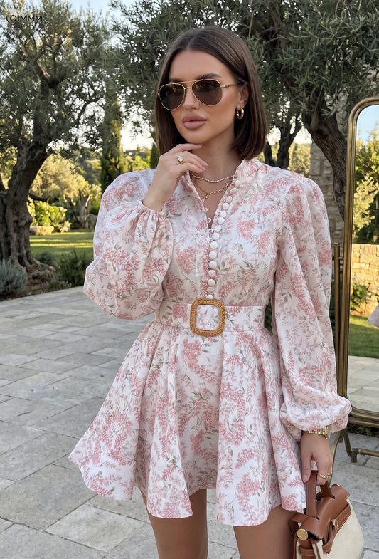 Woman wearing a floral dress with a belt, standing outdoors near a mirror.
