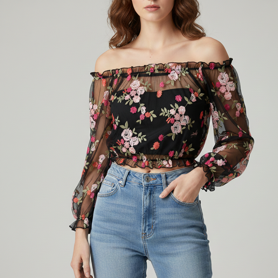 Sweet See Through Flower Crop Top