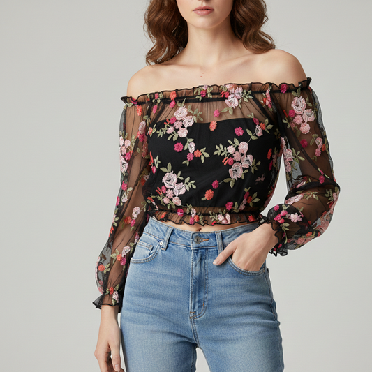 Sweet See Through Flower Crop Top