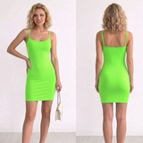 Woman wearing a bright green dress, shown from front and back, on a white background.
