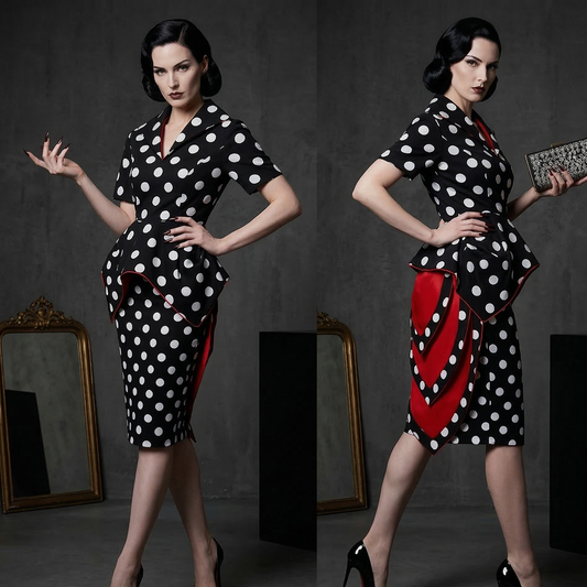 Woman in a black and white polka dot dress with red accents posing against a dark background.