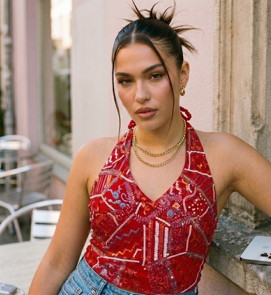 Woman wearing a red patterned top sitting outdoors.