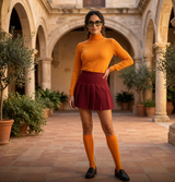 Woman in orange top and maroon skirt standing in a sunlit courtyard with arches and plants.
