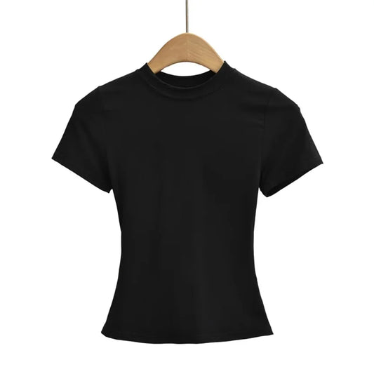 Black t-shirt on a wooden hanger against a white background