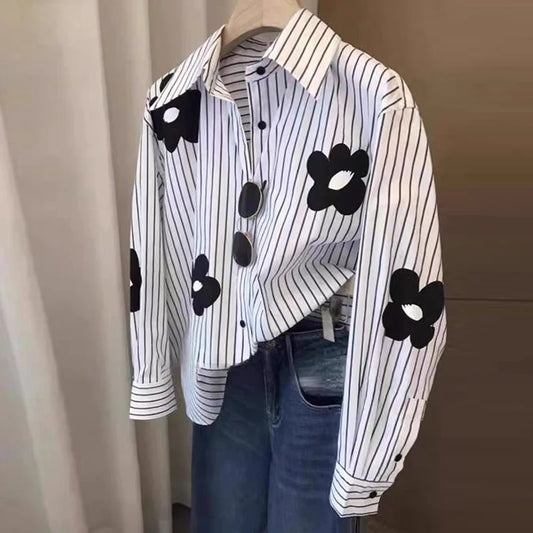 Flower Stripe Long Sleeve Blouse