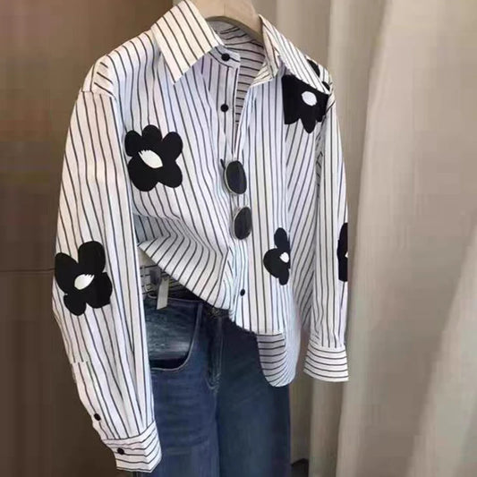 Flower Stripe Long Sleeve Blouse