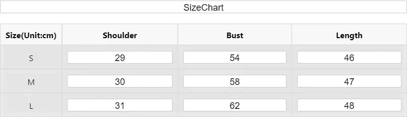Size chart for clothing with shoulder, bust, and length measurements in centimeters.