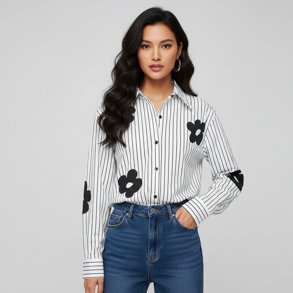 Woman wearing a black and white striped shirt with floral designs on a gray background